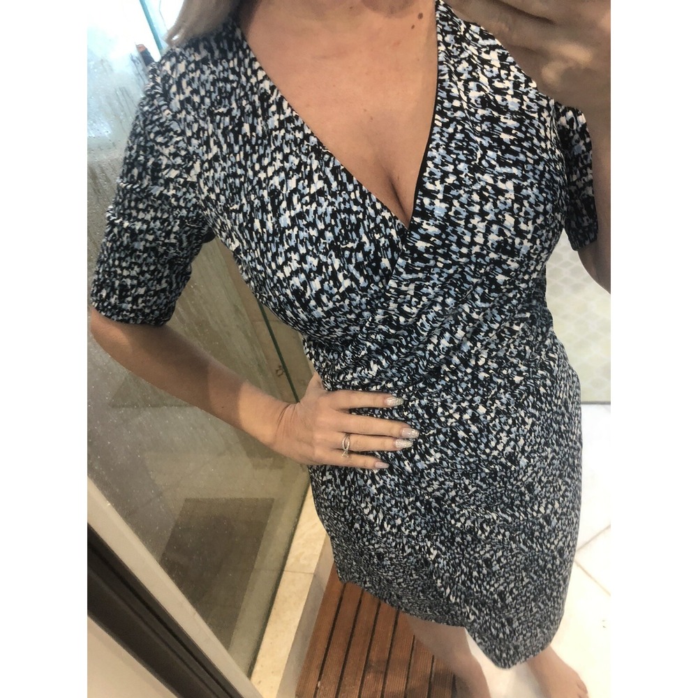 Ann Taylor Blue Black Geometric Mock Wrap Stretch Sheath Dress Small S NWT
